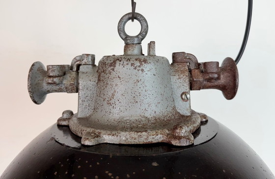 Image 1 of Black Enamel and Cast Iron Industrial Cage Pendant Light, 1960s