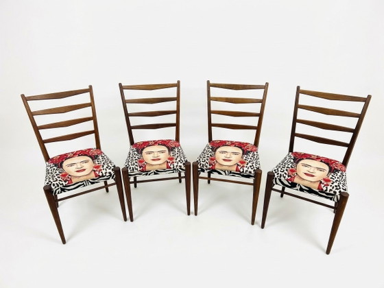 4 vintage wooden chairs Frida Kahlo image new fabric, Dining chairs, Textile, Pink (photo 3 of 6)
