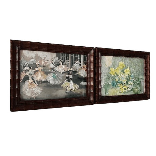 Antieke set foliedruk schilderijtjes ballet bloemen folieprint metaalets 1920's