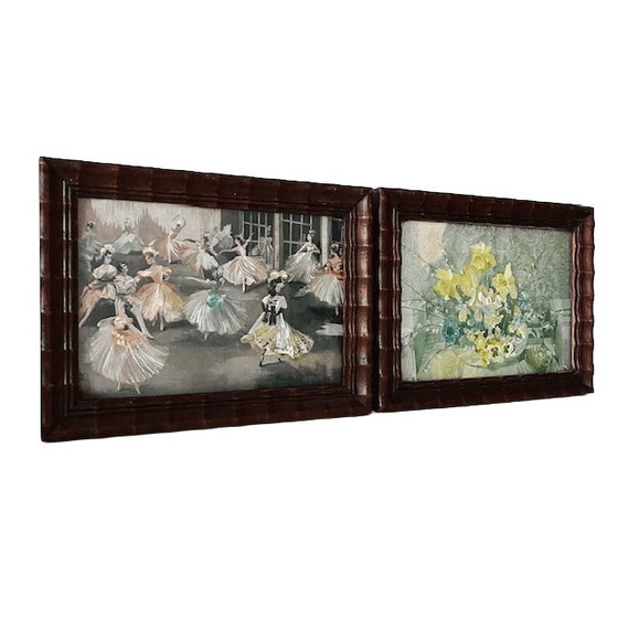 Image 1 of Antieke set foliedruk schilderijtjes ballet bloemen folieprint metaalets 1920's