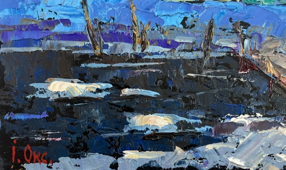 Image 1 of Original Oil Painting Winter River Landscape The evening light of the native house