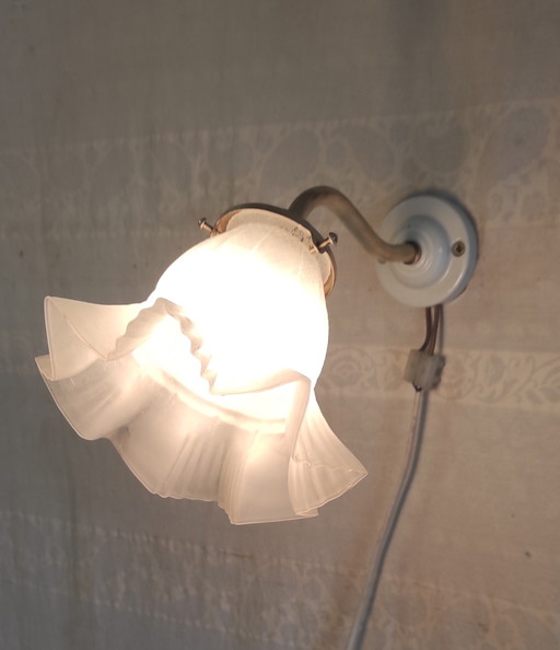 Schwanenhals-Wandleuchte aus Messing, Porzellan und Glas – Mitte des 20. Jahrhunderts