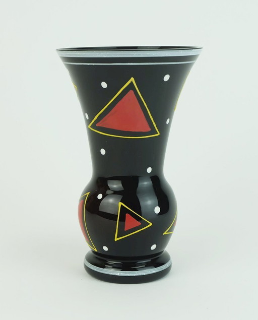 Mid Century Glasvase Hyalith Glas schwarz Glas abstrakte Dekor Emaille Malerei 1950er Jahre