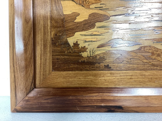 Image 1 of Vintage inlaid wood panel with an oriental image