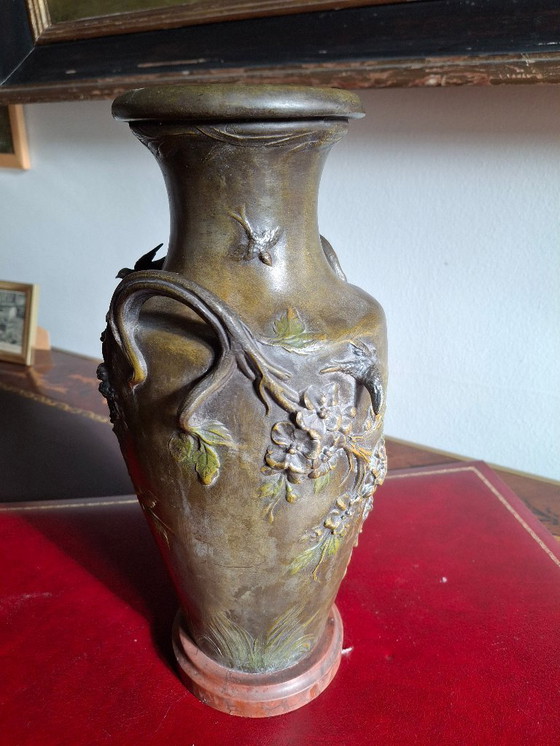 Image 1 of Pair of Art Nouveau spelter vases with triple patina, signed Louis and François Moreau