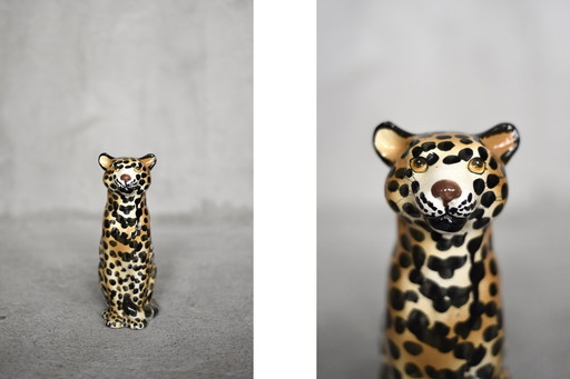 Vintage Mid-Century Italian Modern Ceramic Sculpture of a Seated Leopard, 1970s