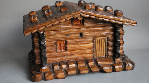 Wooden box, log cabin style, handmade, unique piece with secret compartment for the key