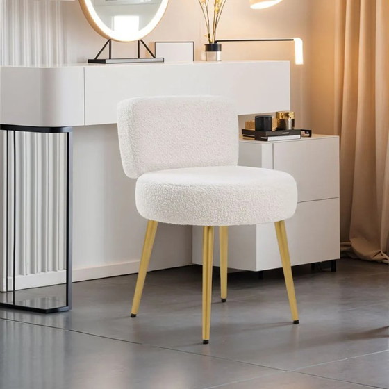 Image 1 of Voltsify Cream Faux Fur Vanity Stool Chair with Metal Legs for Apartments Guest Rooms Home Offices
