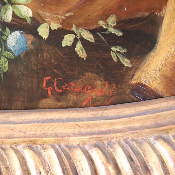 Cherubs With Flowers, Oil Painting On Board Signed, Italy Early 20th Century – Paintings & Drawings, Wood (photo 9 of 18)