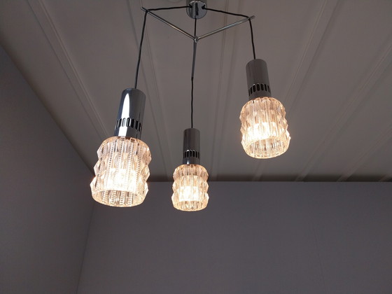 Image 1 of Vintage Hanglamp met 3 Lichtpunten (Chroom + Glas), Jaren 70