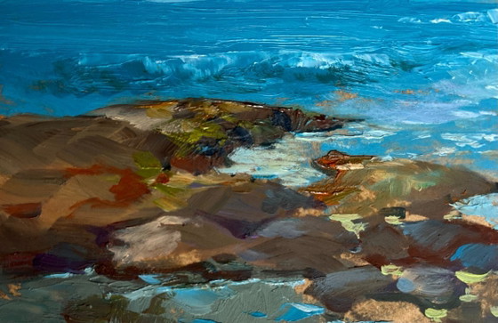 Image 1 of Peinture à l'huile originale représentant un paysage côtier marin à l'horizon.