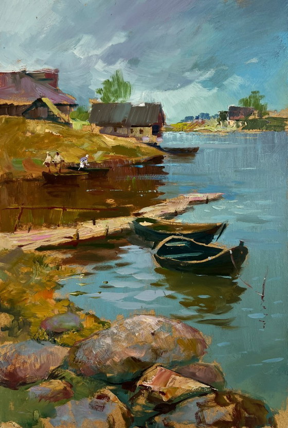 Image 1 of Original Oil Painting Coastal Village Landscape Quiet village harbour