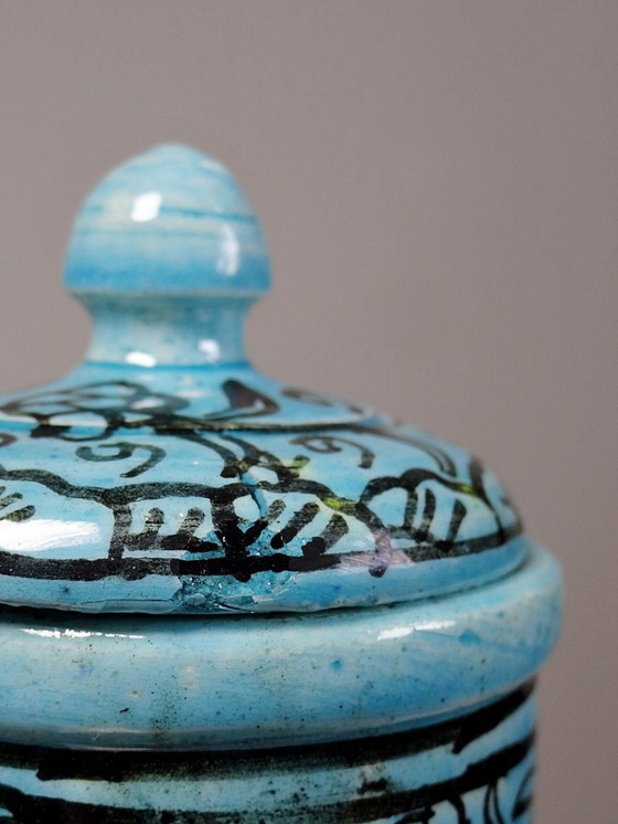 Image 1 of Vase couvert ou jarre Persane poterie glacée Iznik turquoise peinte vintage