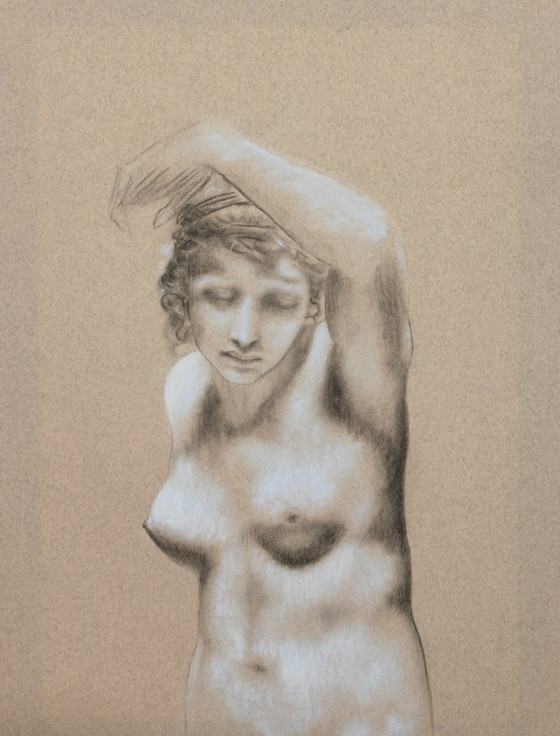 Image 1 of Hand-drawn copy of a work by Pierre Paul Prodhon. Hand-drawn copy of a painting of a female nude. Signed.