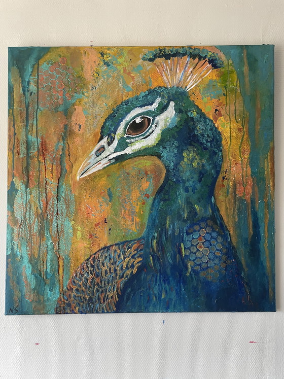 Image 1 of Mixed media painting peacock