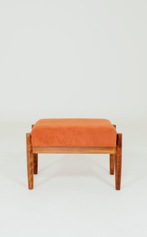 Image 1 of Ensemble vintage fauteuil et pouf en velours côtelé orange, Henryk Lis, 1960, Pologne