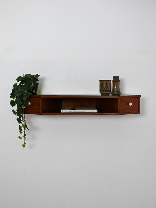 Comodino scandinavo da parete in mogano con pomelli in bachelite