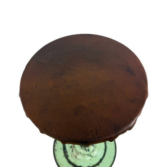 Adjustable stool, mint green metal and brown leather, Vintage (photo 8 of 13)