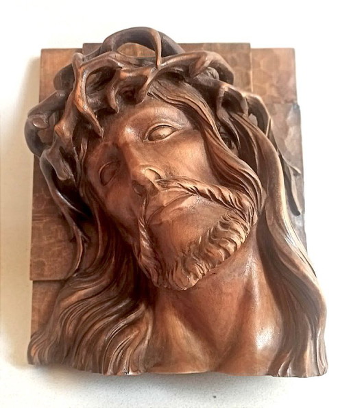 Bas relief tête de Christ couronné d'épines Hauteur 23,2 cm – beeldhouwkunst, Wood