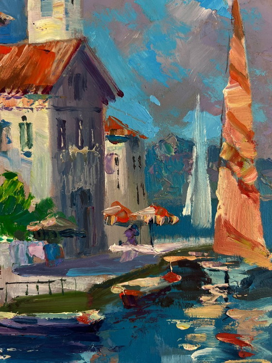 Image 1 of Original Oil Painting Coastal City Landscape The sea gently caresses the buildings