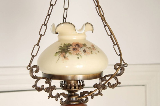 Image 1 of Ceiling lamp, pendant lamp, petroleum glass shade, 75-90cm, vintage