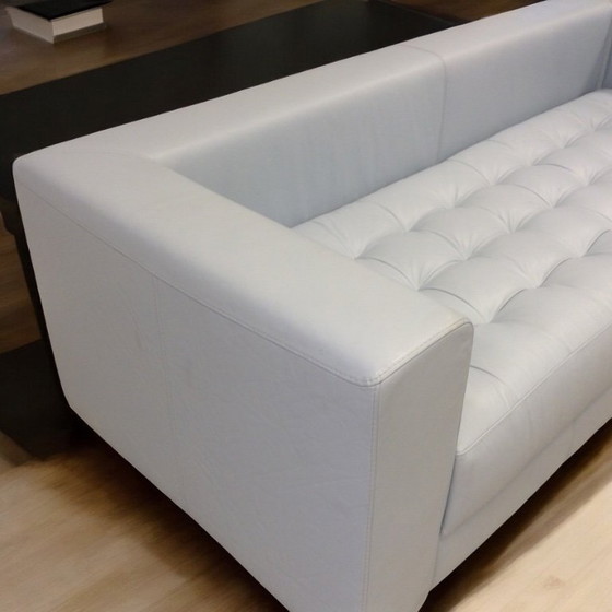 Image 1 of Licht blauw leren kubist bank met gecapitoneerde vaste matraszitting 230 cm raza