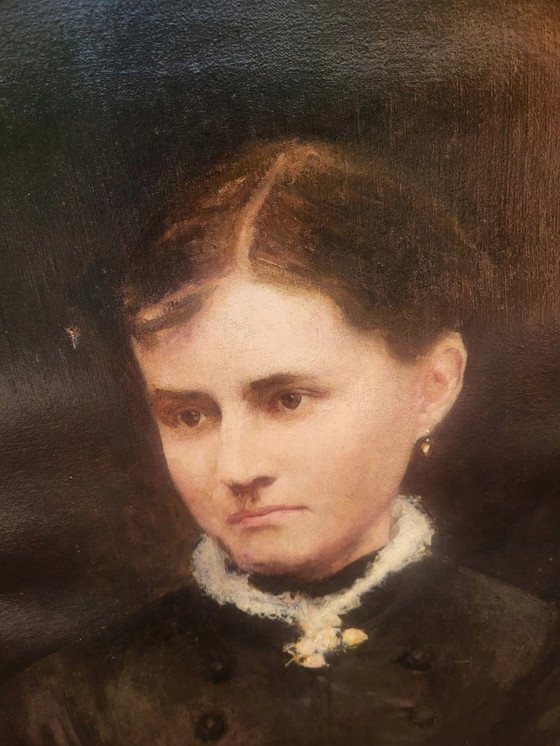 Image 1 of Antiek portret van een vrouw uit de 19e eeuw, olieverf op doek.