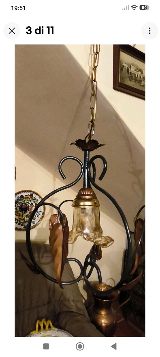 Vintage Wrought Iron Chandelier with Metal and Glass Leaves, Rustic Suspension – Pendant lamps (photo 3 of 11)