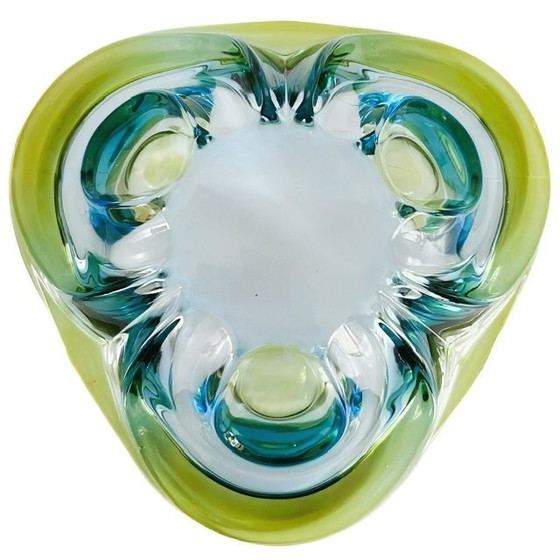Image 1 of Vintage mid-century Bohemian glass bowl blue green 1960s