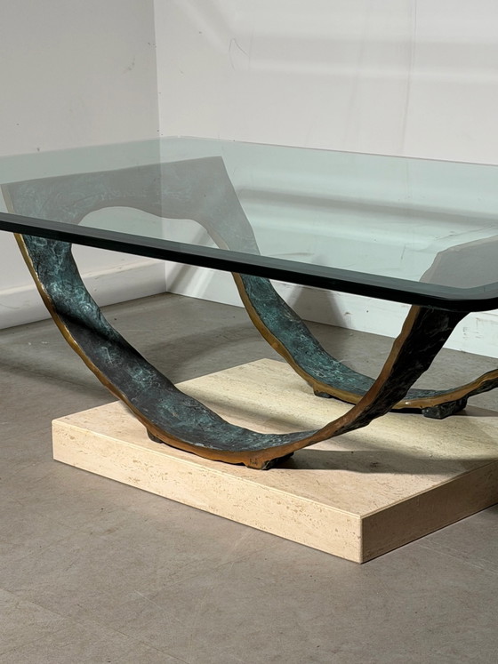 Tavolino da caffè brutalista in bronzo, travertino e vetro, 130 cm, Tavolini da caffè (foto 2 di 4)