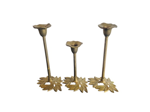 Set van drie art nouveau vintage messing kandelaars bloemen 