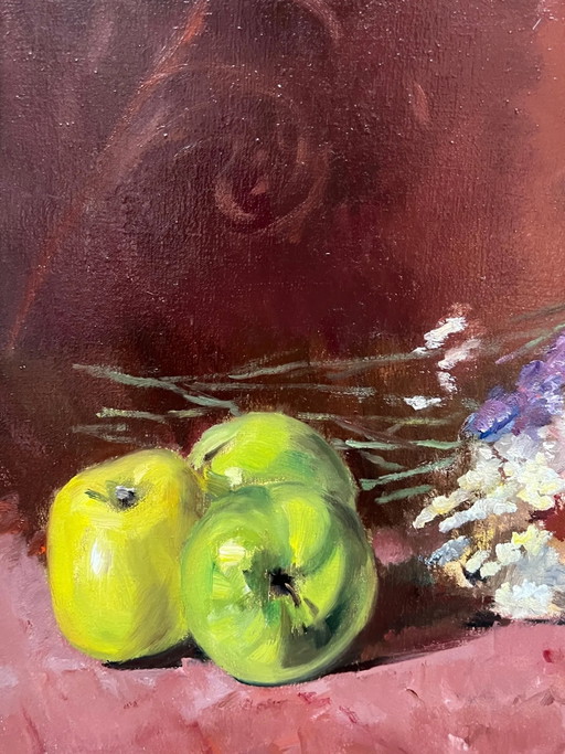 Painting, still life with flowers and fruits. – schilderijen tekeningen, Canvas (photo 2 of 7)
