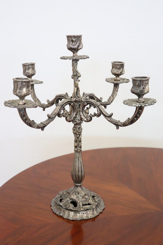 Image 1 of Kandelaber mit 5 Armen aus versilbertem Metall, ca. 1980er Jahre, 2er-Set