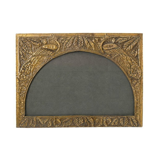 Antique Art Nouveau Peacock Photo or Postcard Display Frame / Belgium, 1900–1920 / Repoussé Brass