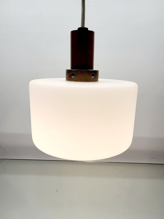 Image 1 of Vintage opaline glazen hanglamp, Scandinavische stijl, teak en messing, jaren 60