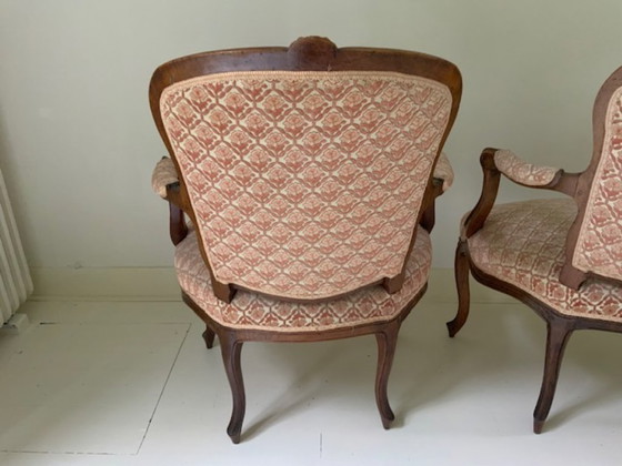 Image 1 of Paar Antieke Louis XV fauteuils met fluwelen stof