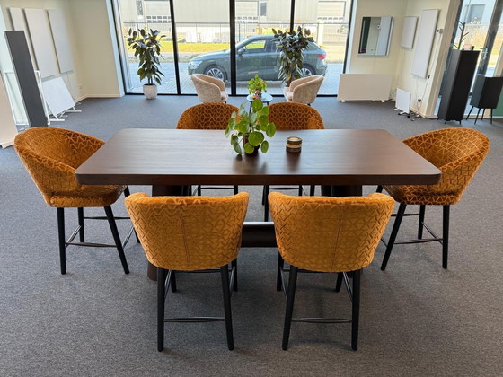 Image 1 of Richmond hoge tafel kersenhout 97x219cm set met 6 stoelen indigo triangle zithoogte 68 cm