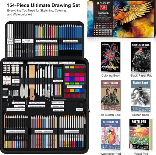 KALOUR 154 fournitures artistiques – Kit de croquis et de dessin avec carnet de croquis, livre de tutoriel, papier de coloriage 