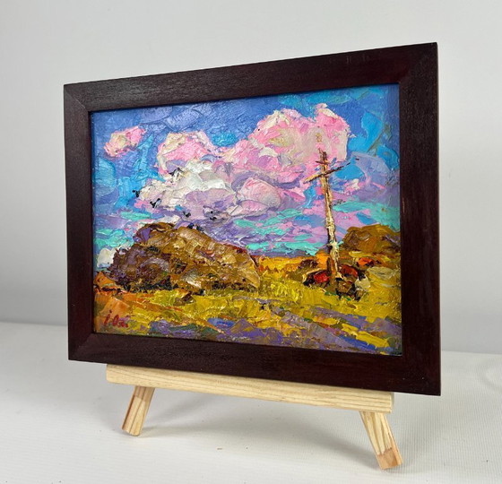 Image 1 of Original Oil Painting Summer Field Landscape The sun touches the ground
