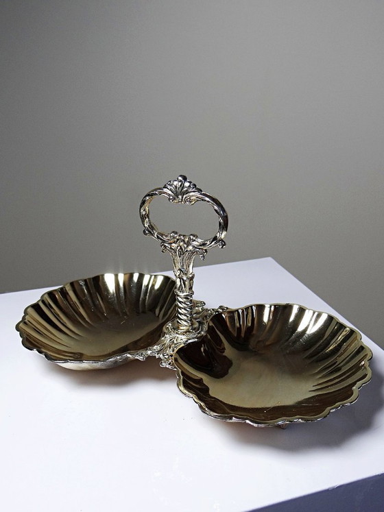 Image 1 of Antique double serving set in light gold-tone metal, vintage shell cup design, 1950s-1970s