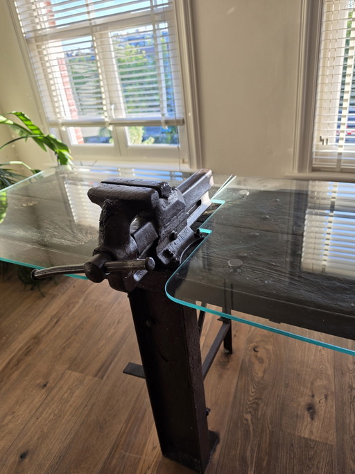 Authentic industrial workbench / dining table with original vise – approx. 100+ years old