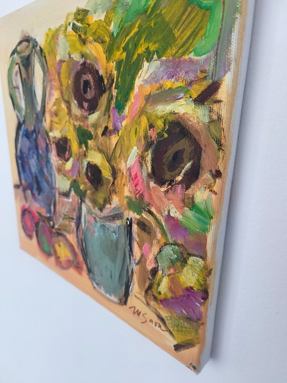 Image 1 of Original Sunflowers Still Life by M Savu | Acrylic on Canvas | 30 × 30 cm