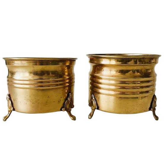 Image 1 of Set vintage di vasi da fiori in ottone e oro con zampe di leone, anni '50