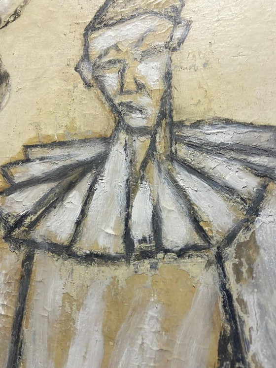Image 1 of Antique Painting on Wooden Panel, Clown in the Style of Bernard Buffet, Double-Sided