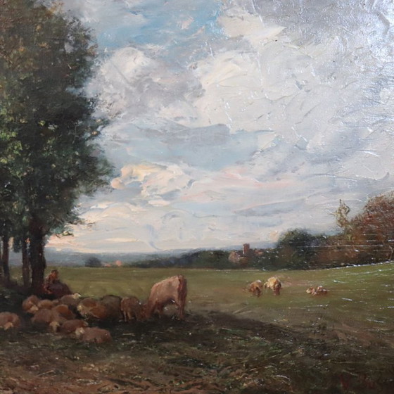 Image 1 of Olieverfschilderij op paneel, Landschap met begroeiing, gesigneerd V. Bussolino, Italië, 19e eeuw.