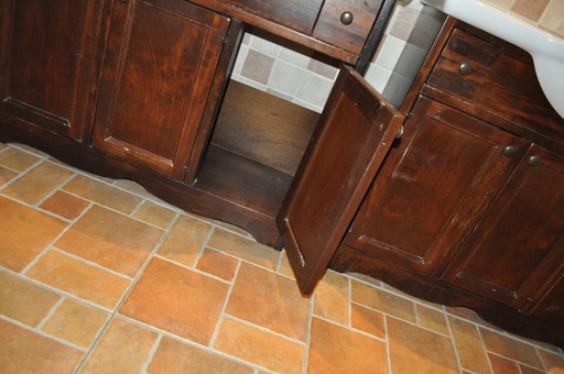 Mobile lavabo vintage in legno di pioppo con lavabo, anni '60, set di 2
