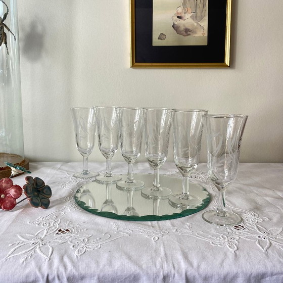 Image 1 of 6 Antique Engraved Glass Champagne Flutes