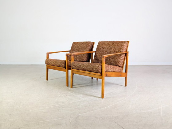 Image 1 of Ensemble de 2 fauteuils vintage style Midcentury, en noyer, années 1970