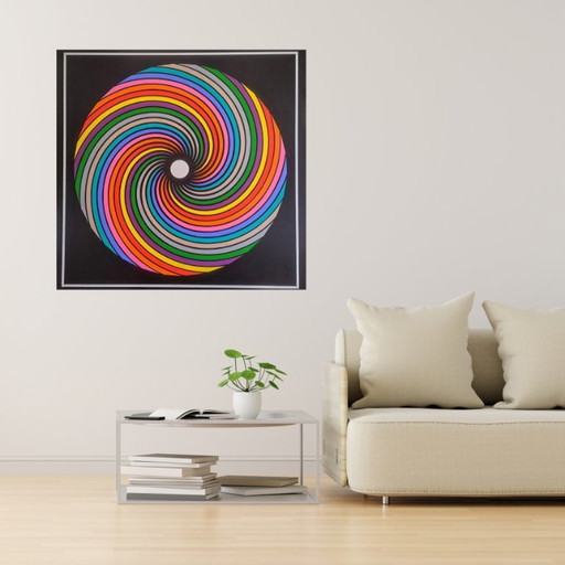 Op-art painting "Jet Airplane" - colorful geometric artwork on MDF by Franklin van Dam (95x95 cm)