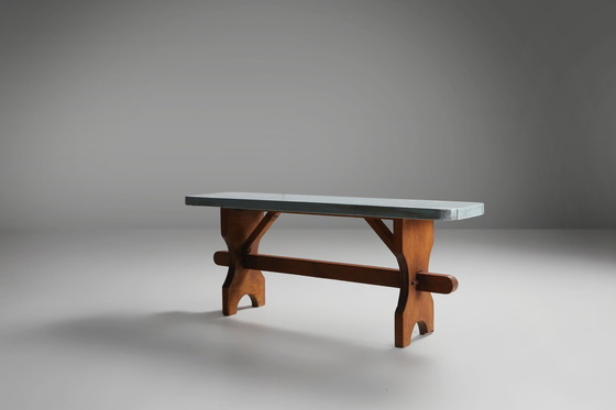 Image 1 of Banc rustique en bois Art déco avec plateau bleu, France, années 1930